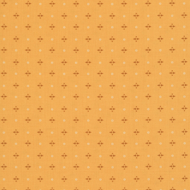 Butterscotch yellow background with a geometric copper brown shapes and white circles