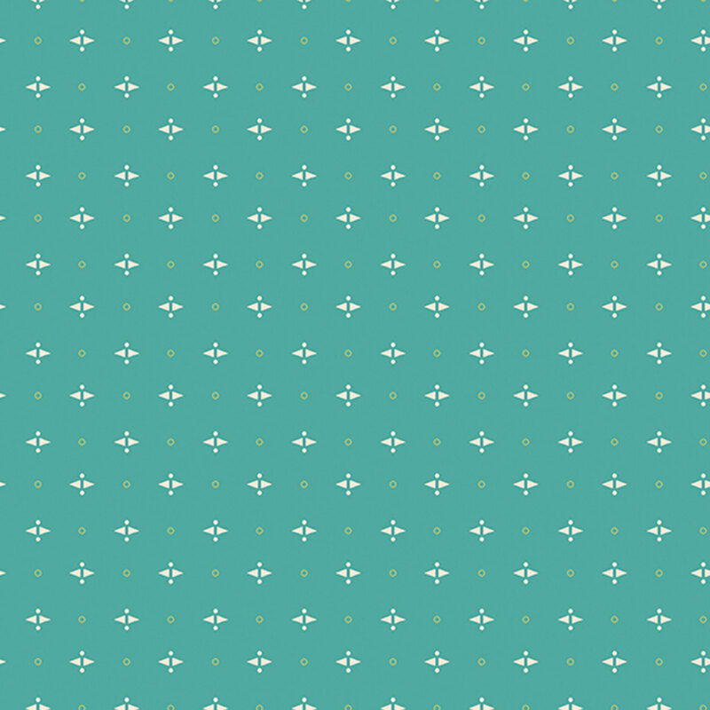 Light teal background with a geometric white shapes and yellow circles