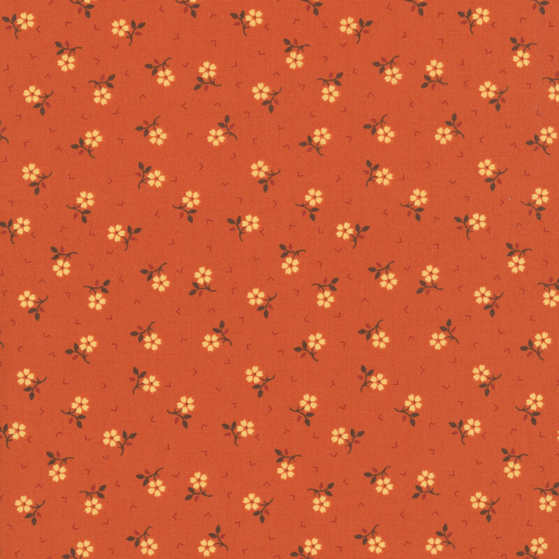 Pumpkin orange background with a ditsy yellow floral with brown stems and red geometric lines
