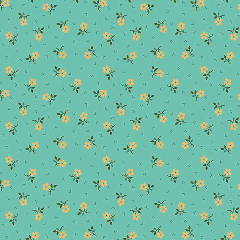 Bright turquoise background with a ditsy yellow floral with dark green stems and teal geometric lines