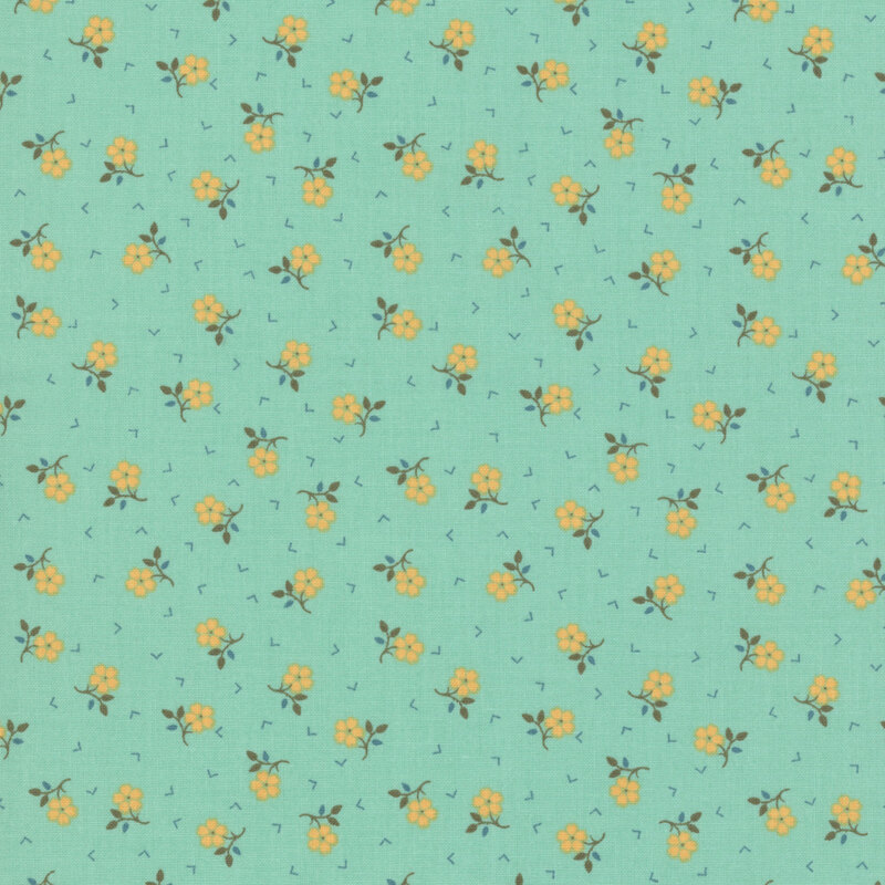 Bright turquoise background with a ditsy yellow floral with dark green stems and teal geometric lines