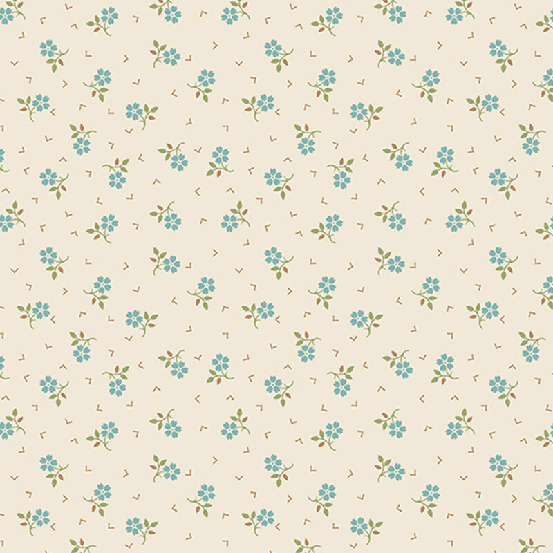 Cream background with a ditsy robin egg blue floral with green stems and brown geometric lines