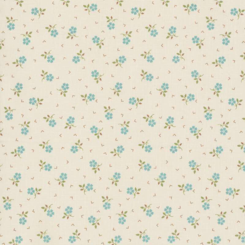 Cream background with a ditsy robin egg blue floral with green stems and brown geometric lines
