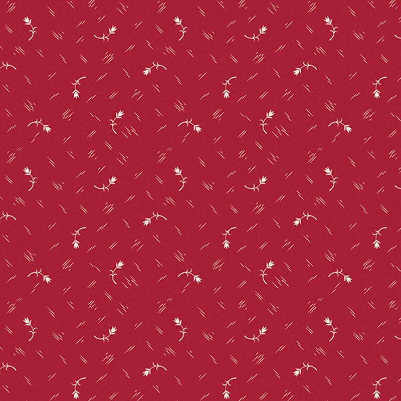 A ruby red background with a ditsy pattern of white tulips and white criss cross dashes