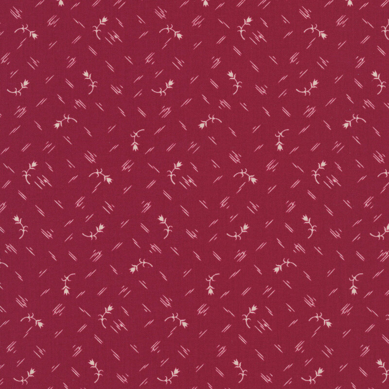A ruby red background with a ditsy pattern of white tulips and white criss cross dashes
