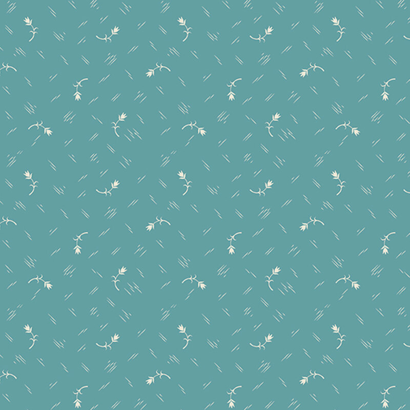 A teal background with a ditsy pattern of white tulips and white criss cross dashes