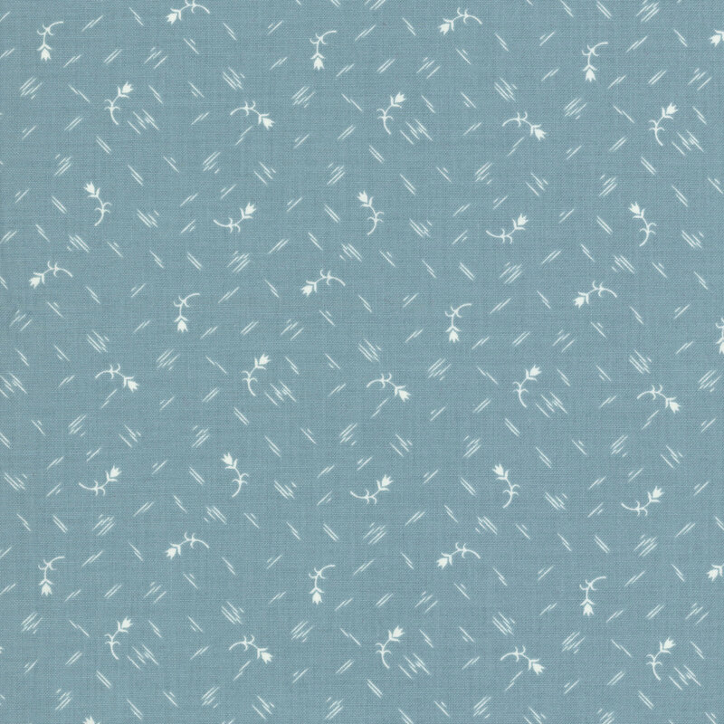 A teal fabric with a ditsy pattern of white tulips and white criss cross dashes