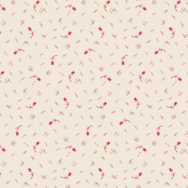 A cream background with a ditsy pattern of ruby red tulips and red criss cross dashes
