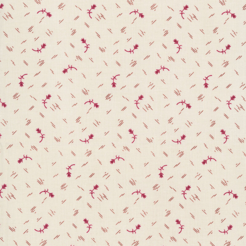 A cream background with a ditsy pattern of ruby red tulips and red criss cross dashes