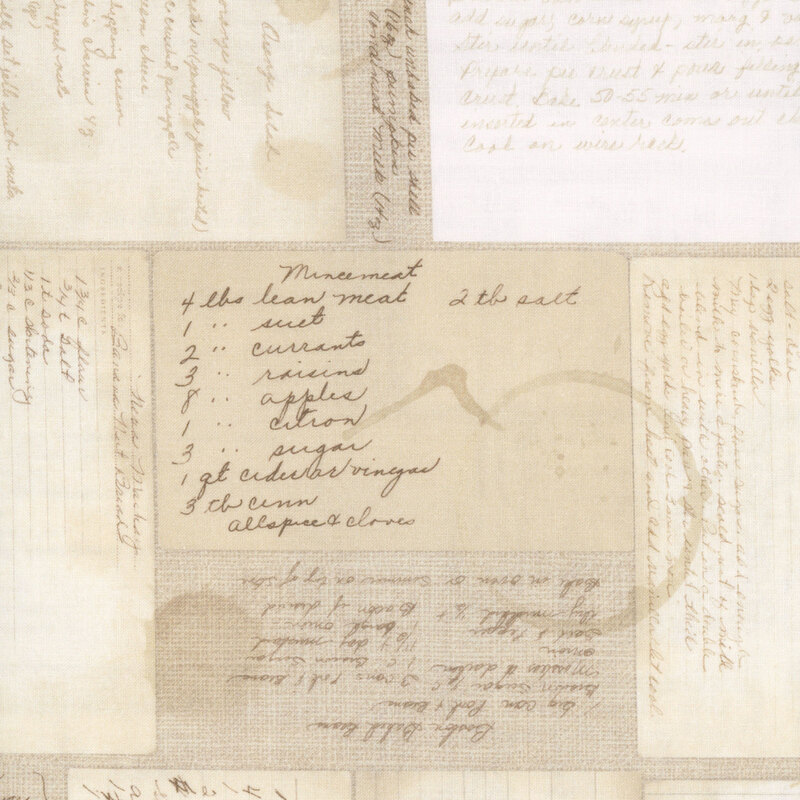 Wide back fabric with a neutral design of vintage recipe cards 