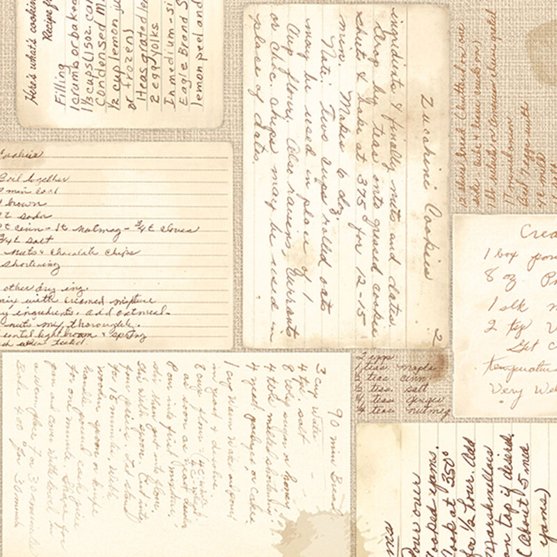 Wide back fabric with a neutral design of vintage recipe cards 