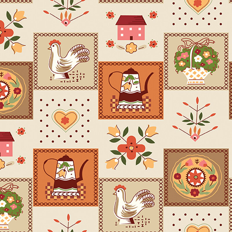 Wide back fabric with a beige background and orange and tan squares with roosters, teapots, baskets, and other vintage kitchen motifs