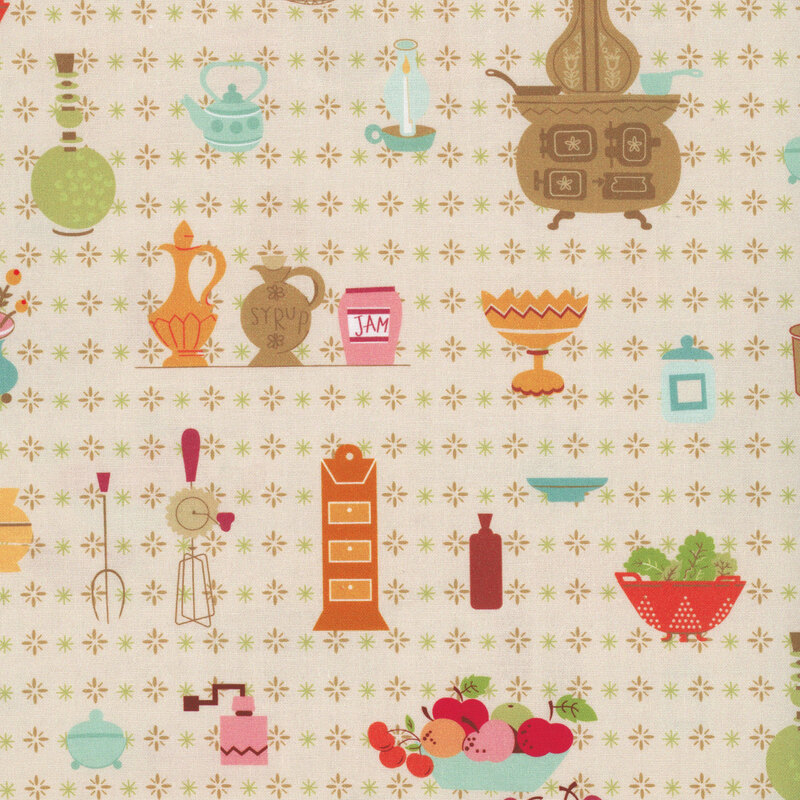 Wide back fabric with a beige background and a pattern of vintage kitchenware and foods, including antique stoves, teapots, pans, and salad bowls