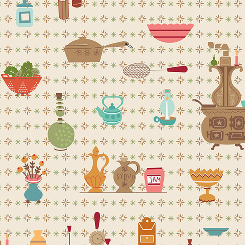 Wide back fabric with a beige background and a pattern of vintage kitchenware and foods, including antique stoves, teapots, pans, and salad bowls