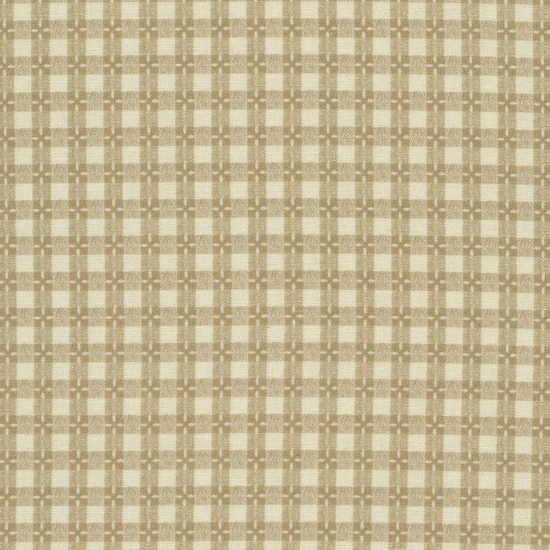 Wide back fabric featuring a light brown gingham on a beige background