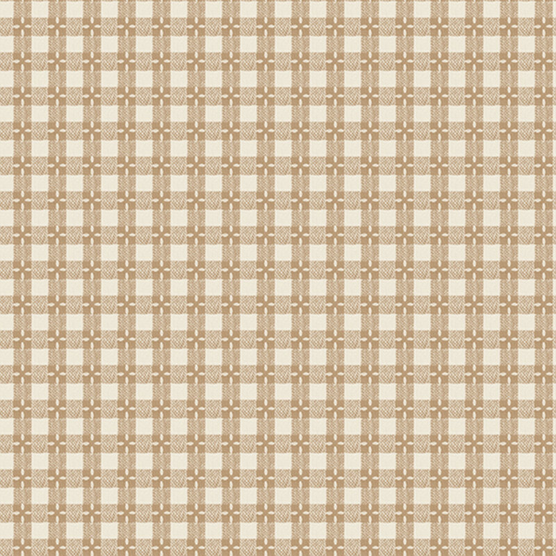 Wide back fabric featuring a light brown gingham on a beige background