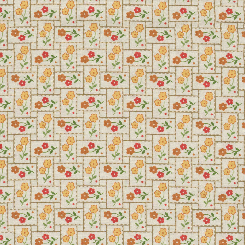 Wide back fabric in beige with a basket-weave pattern and yellow and orange flowers
