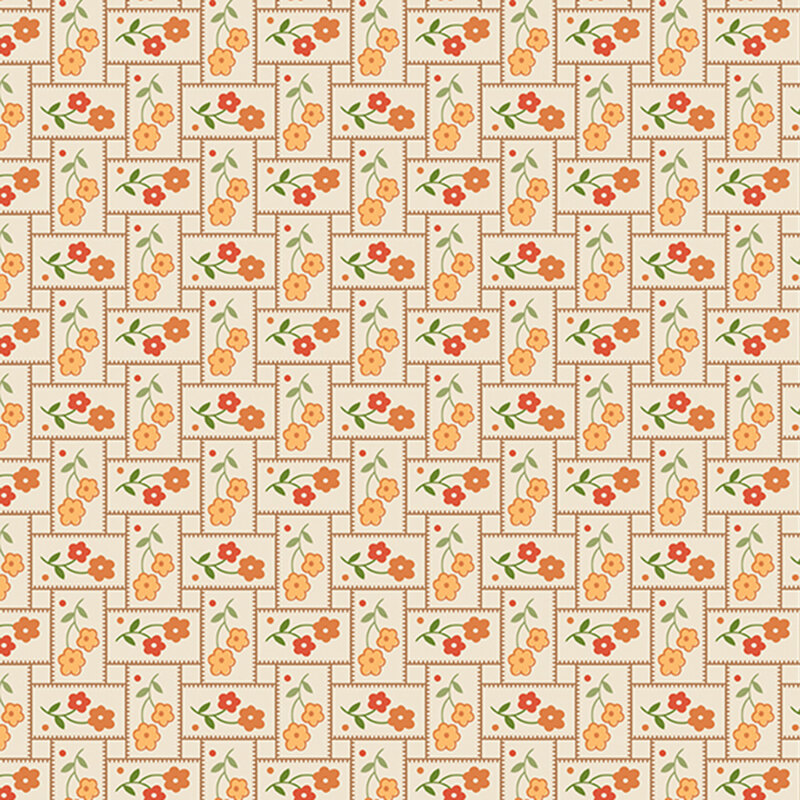 Wide back fabric in beige with a basket-weave pattern and yellow and orange flowers
