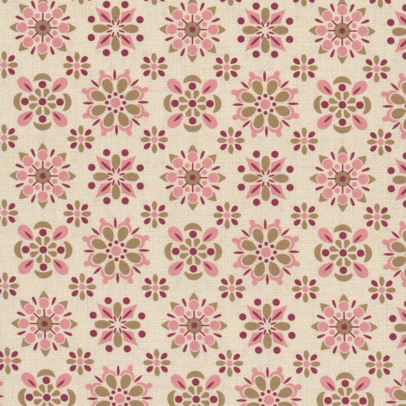 Wide back fabric with a tan-beige woven background with vintage flowers in pink, red and tan 
