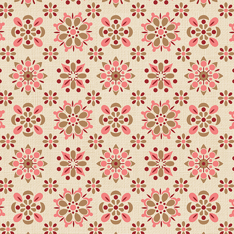 Wide back fabric with a tan-beige woven background with vintage flowers in pink, red and tan 