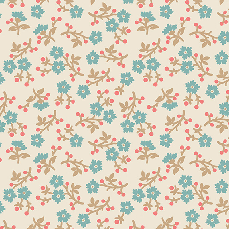 Wide back fabric with a beige background and tan sprigs with turquoise flowers and pink dots