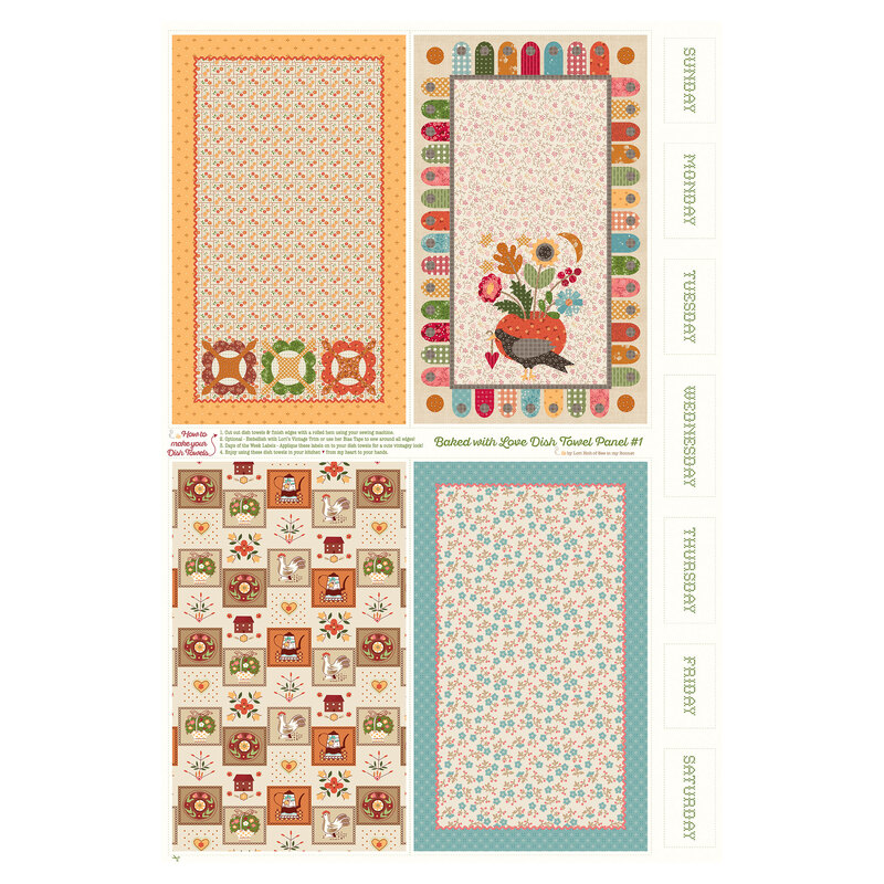 A panel featuring four vintage quilt inspired floral blocks that can be used to create dish towels, and green text with the days of the week along the side
