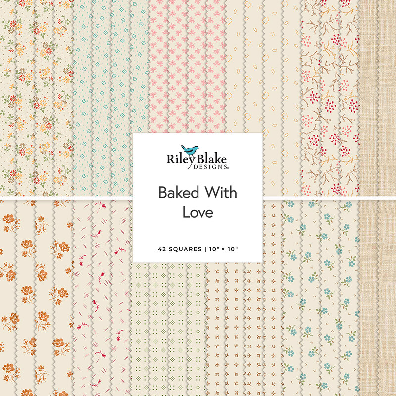 A collage depicting the background fabrics in the collection, mostly in beige tones, with orange, pink, blue, and yellow accents.