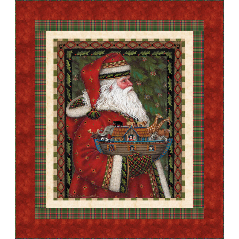 A quilt showcasing a panel of Santa holding Noah's ark, surrounded by holly leaves and classic holiday prints.