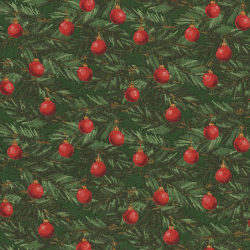 Bright red ornaments hanging from evergreen branches on a dark green background.