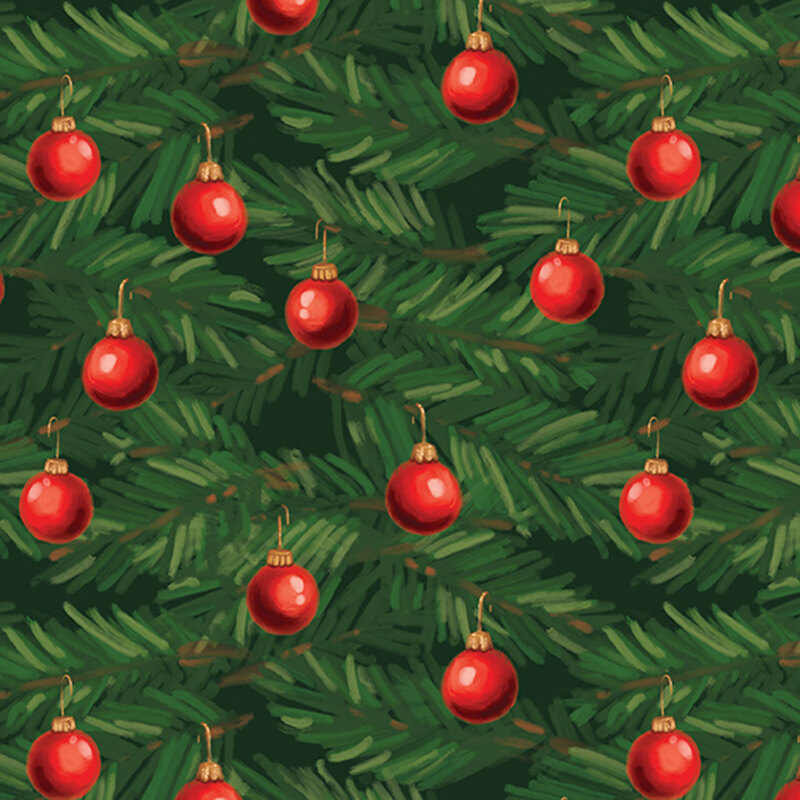 Bright red ornaments hanging from evergreen branches on a dark green background.