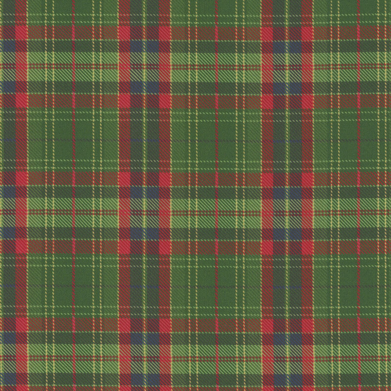 Green, blue, red, and gold plaid fabric.