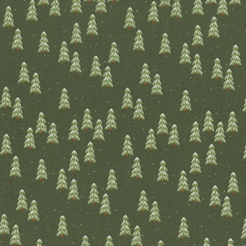 Snow capped evergreen trees tossed on a hunter green background.