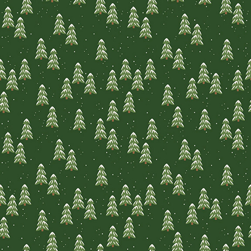 Snow capped evergreen trees tossed on a hunter green background.