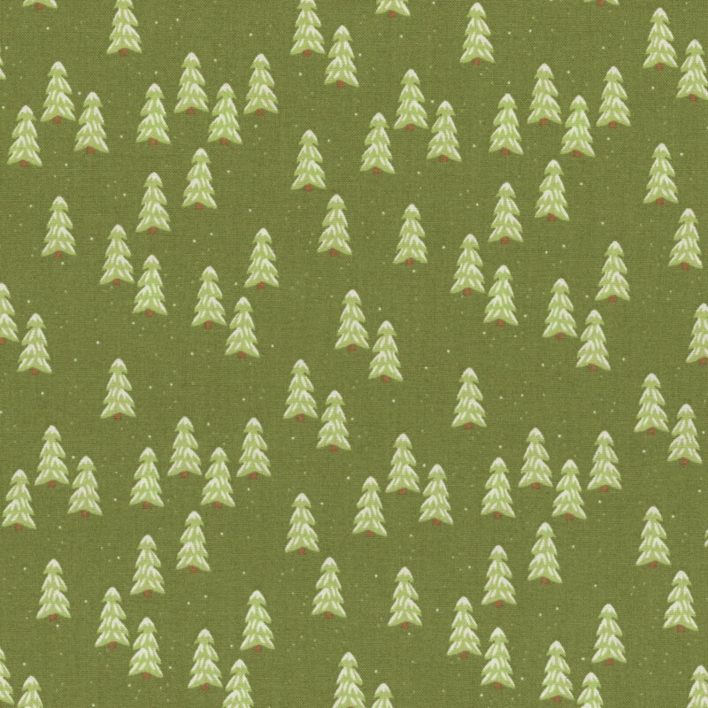 Snow capped evergreen trees tossed on a clover green background.