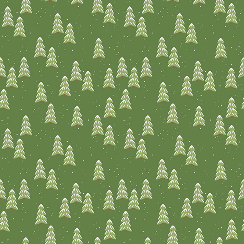 Snow capped evergreen trees tossed on a clover green background.