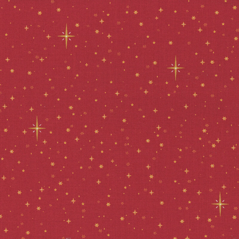 Bright red fabric tossed with gold stars.