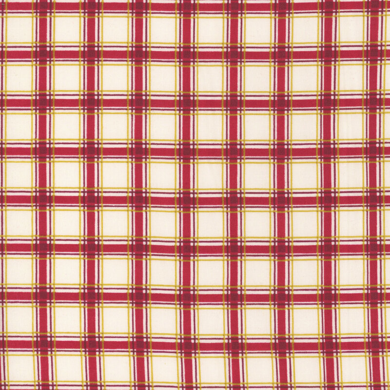 White, red, and gold plaid fabric.