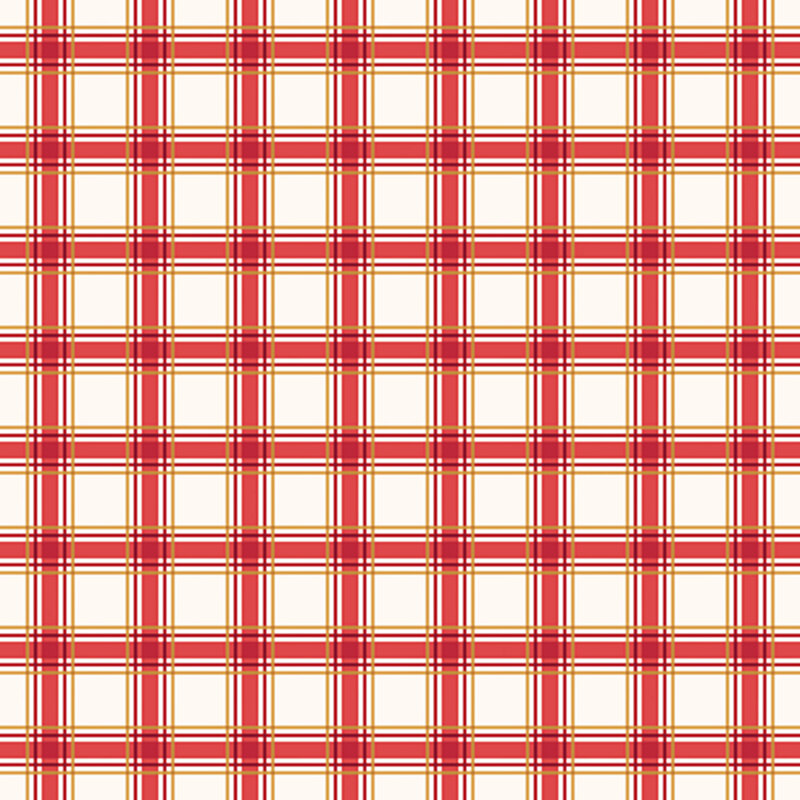 White, red, and gold plaid fabric.