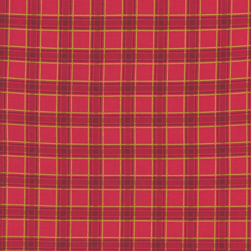 Dark red, bright red, and gold plaid fabric.