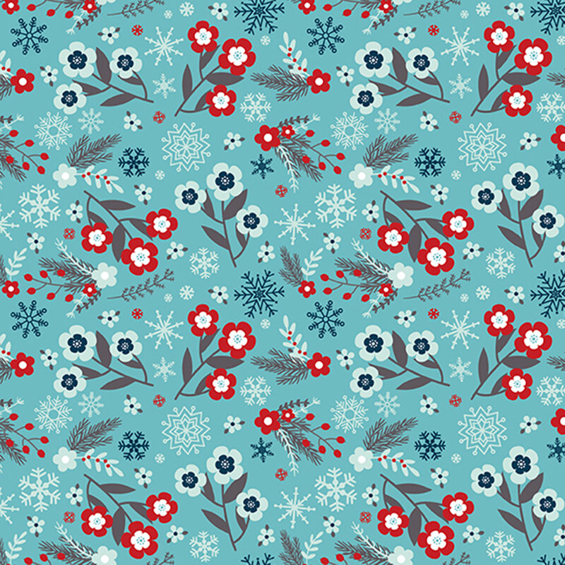 Aqua fabric with a pattern of mid-sized flowers and snowflakes in red and blue.