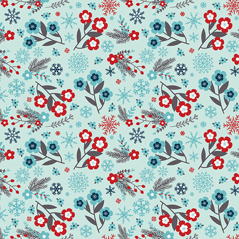 Light aqua fabric with a pattern of mid-sized flowers and snowflakes in red and blue.