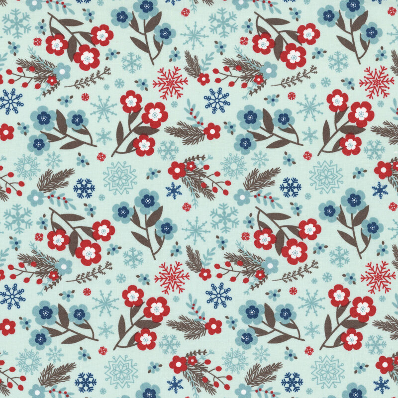 Light aqua fabric with a pattern of mid-sized flowers and snowflakes in red and blue.