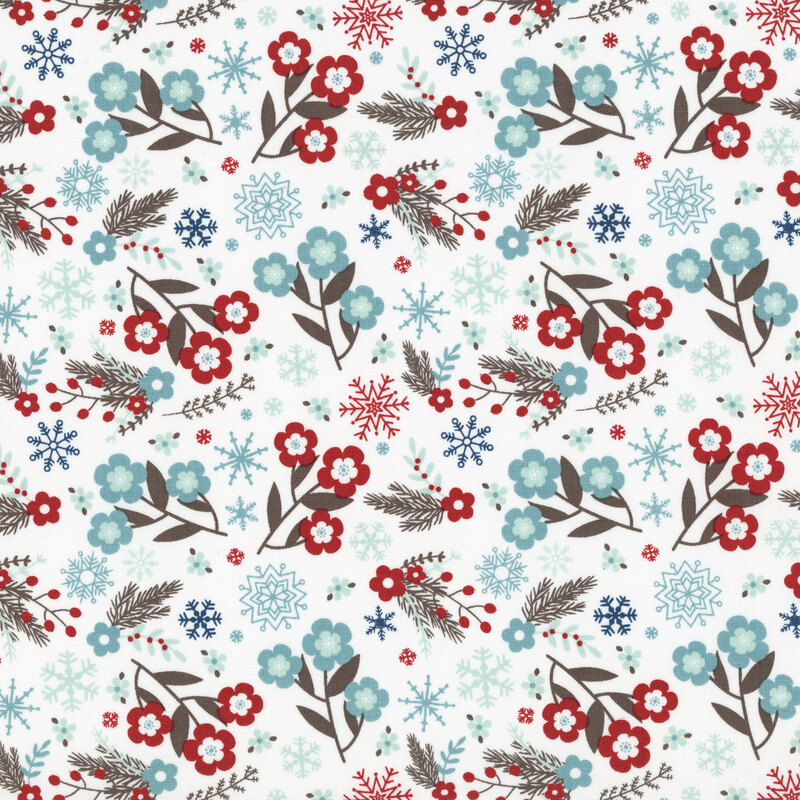 White fabric with a pattern of mid-sized flowers and snowflakes in red, aqua, and blue.
