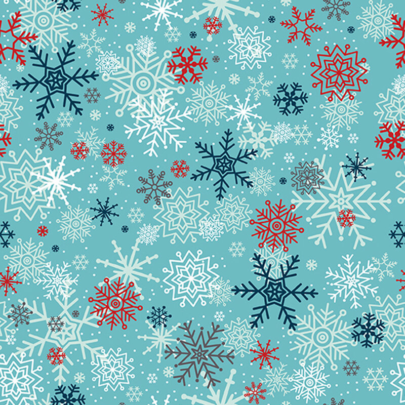 Aqua fabric with a pattern of large snowflakes in blue, white, and red.