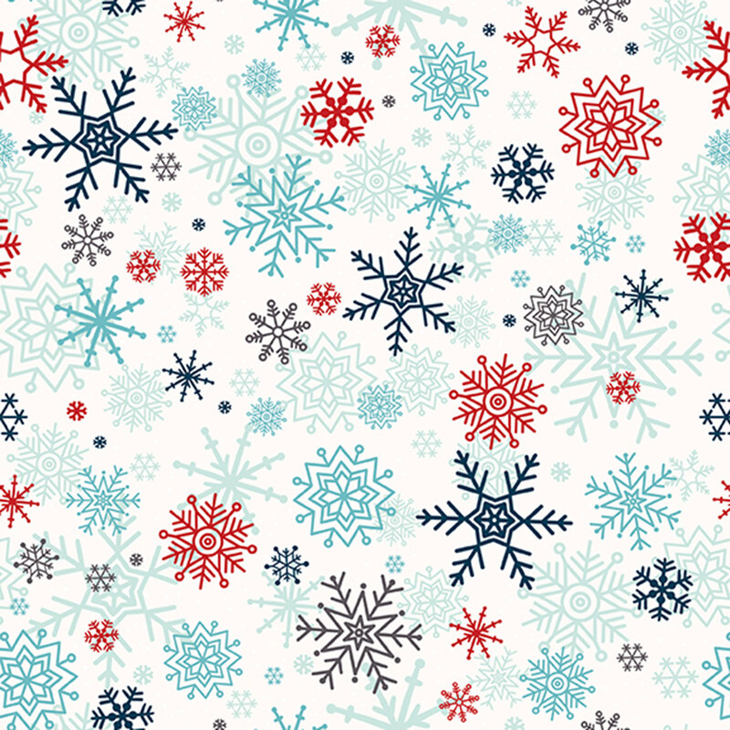 White fabric with a pattern of large snowflakes in blue, aqua, and red.
