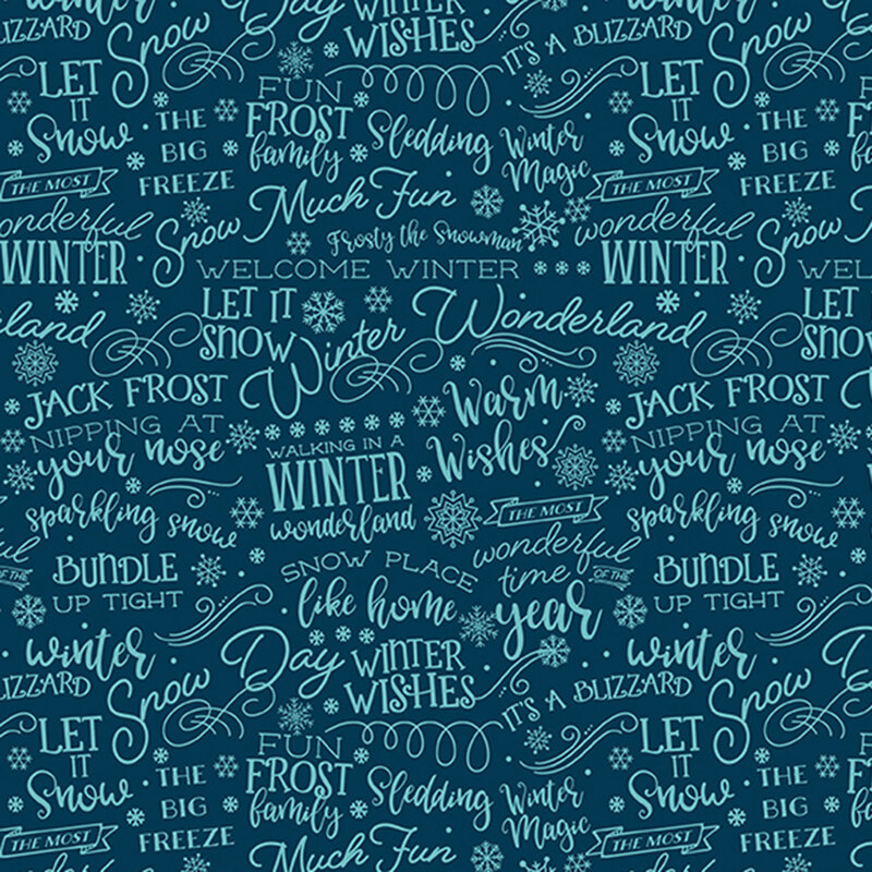 Navy fabric with a charming pattern of light aqua winter-themed text, decorative swirls, and snowflakes.