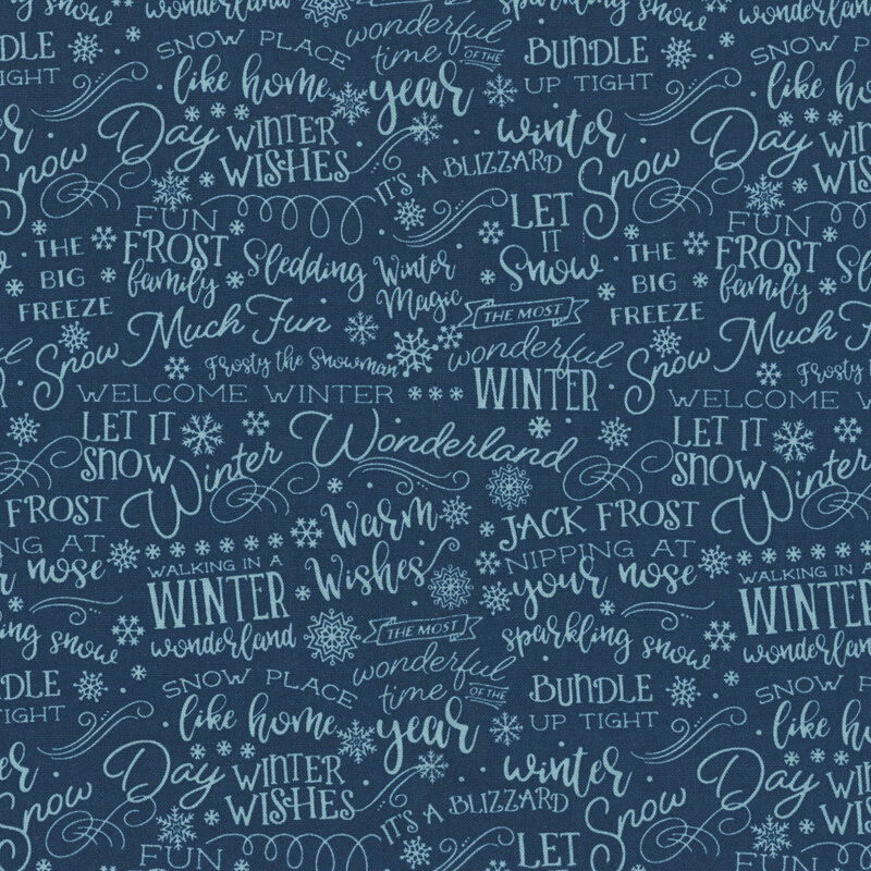 Navy fabric with a charming pattern of light aqua winter-themed text, decorative swirls, and snowflakes.