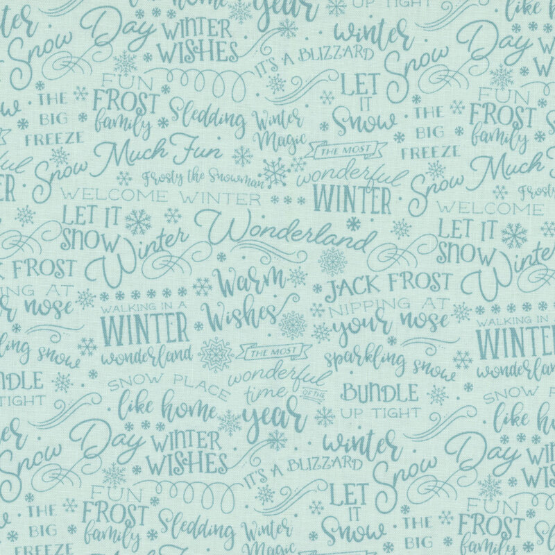 Light aqua fabric with a charming pattern of tonal winter-themed text, decorative swirls, and snowflakes.