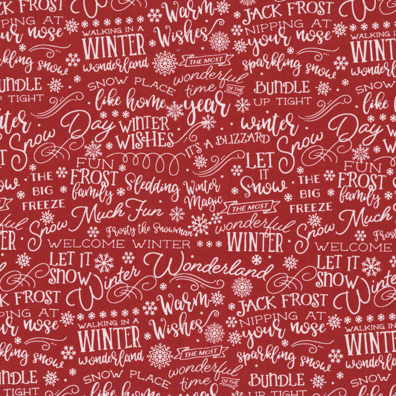 Red fabric with a charming pattern of white winter-themed text, decorative swirls, and snowflakes.