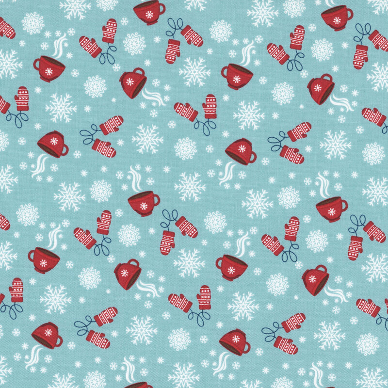 Aqua fabric with a novelty pattern of snowflakes, hot chocolate, and mittens.